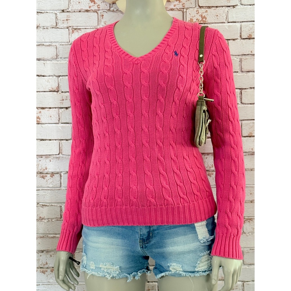 Ralph Lauren Sport Pink Cable Knit V-Neck Sweater Vintage Y2K Cotton Womens M